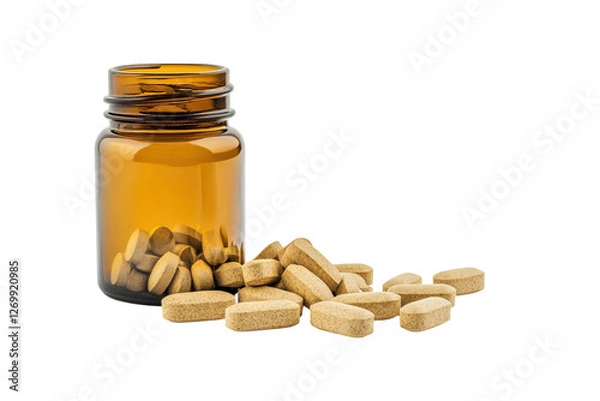 Obraz A close-up view of an amber bottle with scattered vitamins on a light background isolated on transparent background