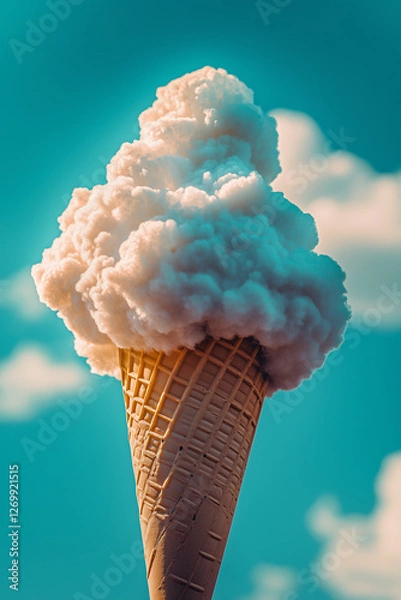 Obraz White ice cream cone is floating in the air above a blue sky