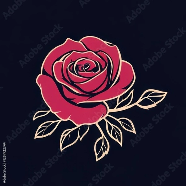 Fototapeta A logo in vector style, featuring a rose with an outline, simple line art, in red and gold colors on a dark blue background.