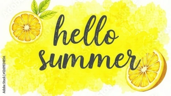 Obraz Hello summer text with lemon and orange slice on watercolor yellow background. Calligraphy lettering. Travel and vacation concept.