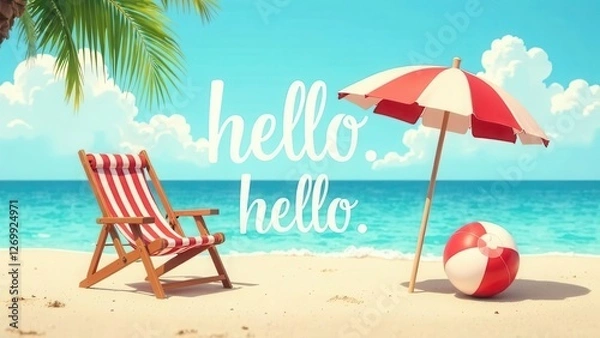 Obraz Hello hello vector banner set. Hello summer text beach time with chair and umbrella decoration elements in blue sky background collection. Vector illustration summer greeting invitation banner