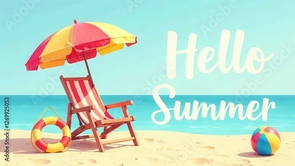 Obraz Summer hello vector banner set. Hello summer text beach time with chair and umbrella decoration elements in blue sky background collection. Vector illustration summer greeting invitation banner