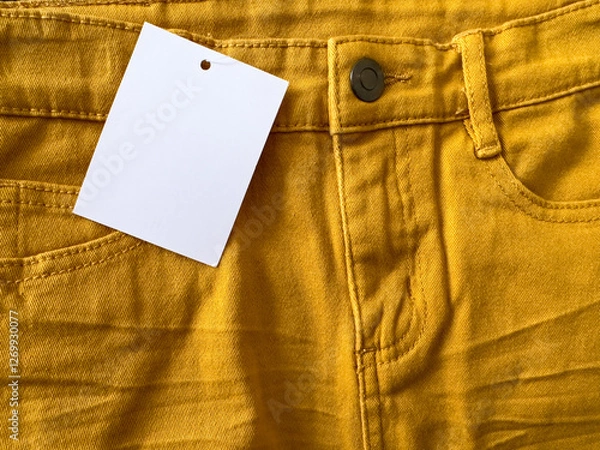 Fototapeta New mustard pants with white label, new item. Blank price tag on jeans. Label on clothes. New orange jacket with white price tag. Fragment of orange jeans. Sewing clothes