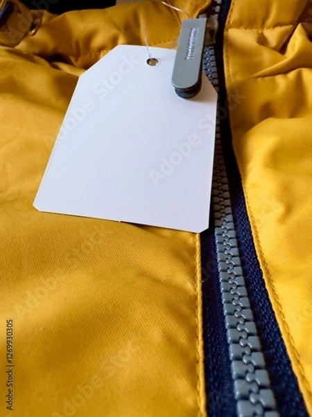 Fototapeta Label on clothes. New orange jacket with white price tag. Fragment of jacket with label, zipper, zippered pocket. Sewing clothes, production and sale of things