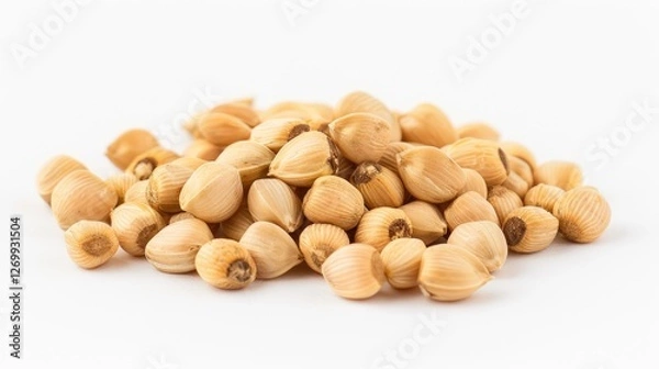 Fototapeta A pile of light brown seeds is displayed against a white background, showcasing their smooth texture and distinct shape.