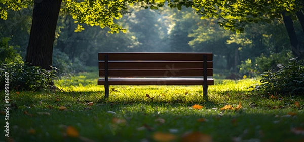 Fototapeta Wooden bench in a tranquil park surrounded by trees and sunlight filtering through leaves