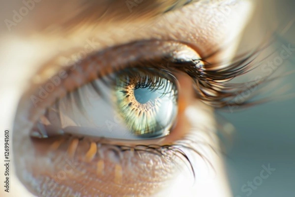 Obraz Extreme close-up of a human eye with golden-green iris and long eyelashes