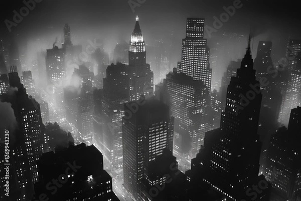 Fototapeta night view from above of New York skyscrapers in the 50s