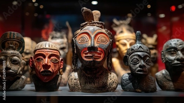 Fototapeta Collection of tribal masks and sculptures artifacts displayed in a museum