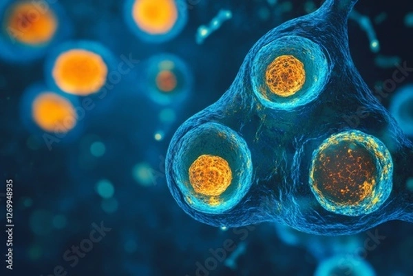 Fototapeta microscopic view of colorful biological cells under magnification, Generative AI