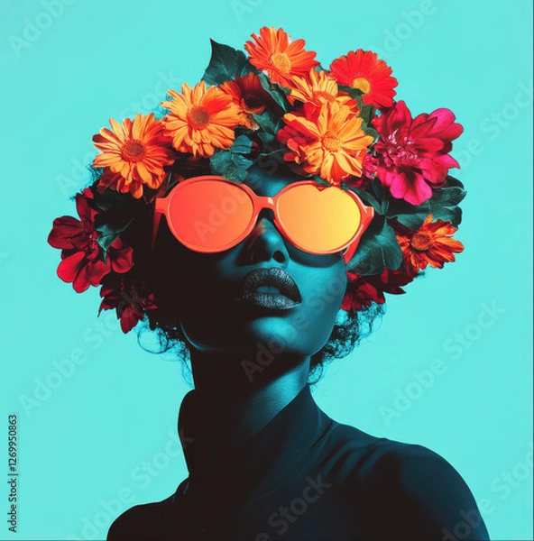 Obraz Abstract stylish floral portrait of a black woman. Surreal composite image of woman and flowers