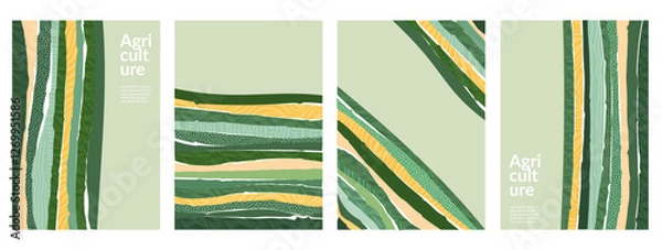 Fototapeta Abstract rural farm landscape with green field and textured farmland eco-friendly illustration. Organic pattern vector design. Spring agriculture. Brochure, poster, label template. Nature, environment