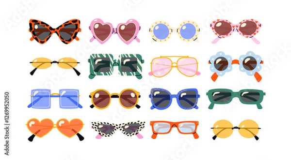 Obraz Sunglasses set, retro eyewear with unique frames. Cartoon doodle colorful designs, optical lenses, and sunglasses for fashion and summer vibes. Women’s accessories for a trendy look.
