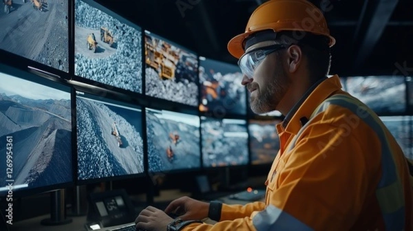 Fototapeta Mining operator monitoring multiple screens with high-tech surveillance, symbolizing industry safety, digital transformation, automation, and remote mining control, Generative AI