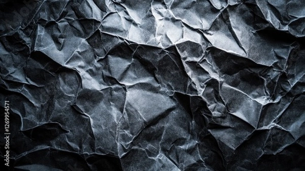 Fototapeta Close-up of crumpled black paper texture, creating a dramatic and abstract background with deep shadows and highlights.