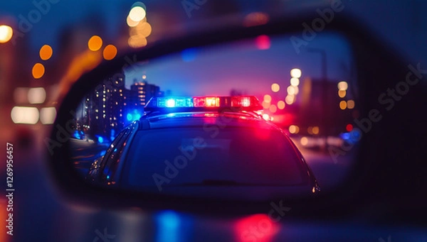Fototapeta Police car with flashing red and blue lights seen through a car rearview mirror at night