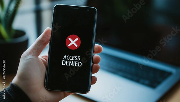 Obraz Smartphone screen displaying access denied warning symbolizing cybersecurity, data protection, hacking prevention, privacy restrictions, and online security concerns