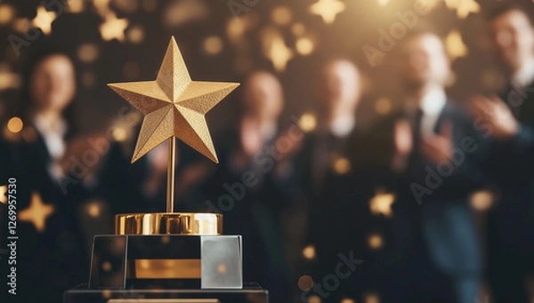 Obraz Golden star trophy on stage with a blurred audience clapping in celebration, symbolizing achievement, excellence, awards, recognition, business success, and professional milestones in a corporate or e