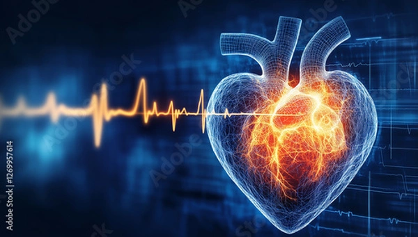 Fototapeta Glowing digital heart with a heartbeat pulse line, symbolizing medical technology, cardiology advancements, artificial intelligence in healthcare, life-saving innovations, and modern biomedical resear