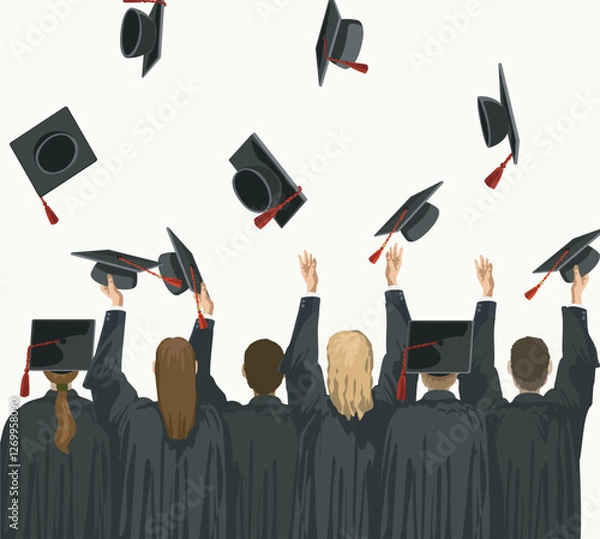 Fototapeta graduation figures standing from behind gestrues throwing caps hats university college diplom traditional celebration ceremony school robe vector flat illustration isolated on white background