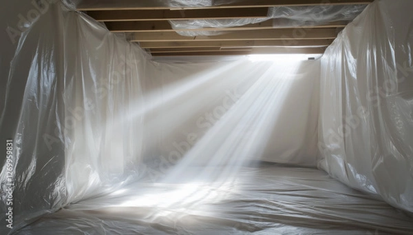Obraz Basement room in construction covered in plastic sheeting with sunlight streaming through an open window