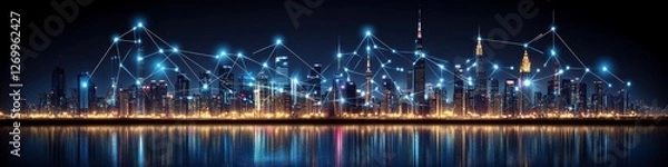Fototapeta Connected Cityscape Urban Skyline Aglow with Digital Network at Night Reflecting in Water