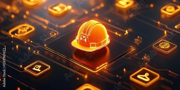 Fototapeta Glowing safety helmet icon resting on digital circuit board