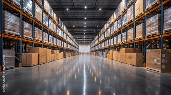 Obraz Modern warehouse interior featuring organized shelving and stacked cardboard boxes in a large storage facility