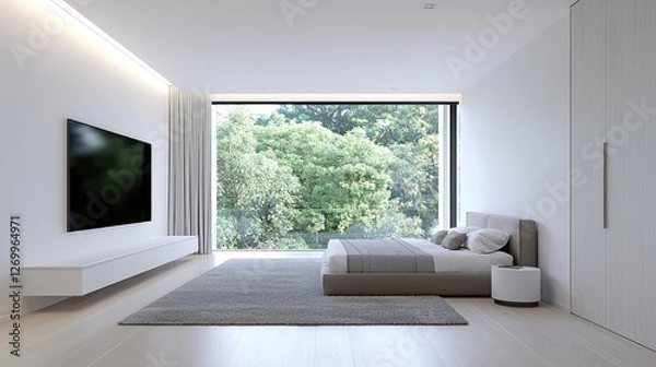 Fototapeta Modern Bedroom with Forest View. Interior Design.  Possible Use Stock Photo
