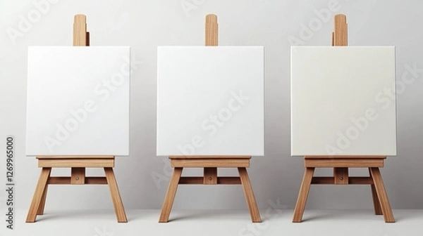 Fototapeta Natural light poured into a white room where three blank canvases rested on separate easels