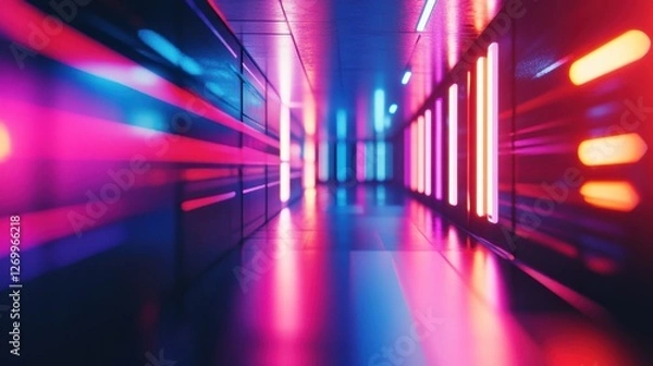 Obraz A mesmerizing view of a futuristic corridor illuminated with vibrant pink and blue neon lights, creating a dynamic and surreal atmosphere.