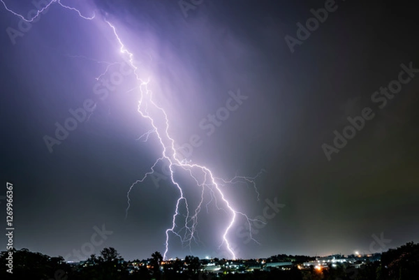Fototapeta A dramatic photograph capturing powerful lightning strikes illuminating the dark sky. The jagged bolts of electricity contrast against the storm clouds, creating a breathtaking natural spectacle.
