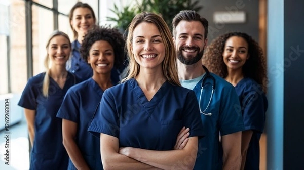 Fototapeta Diverse team of confident nurses smiling in modern hospital