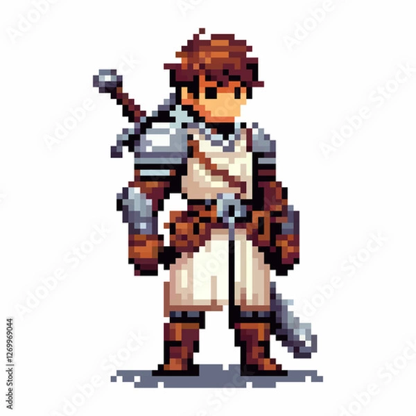 Fototapeta A pixel art warrior stands confidently, wearing medieval armor and holding a sword. The character is designed in vibrant colors, suggesting bravery and readiness for battle in a fantasy realm