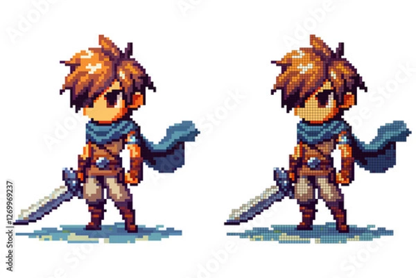 Obraz A young hero in colorful pixel art, wielding a sword, stands poised for action in a dynamic fantasy environment. The character radiates determination and bravery