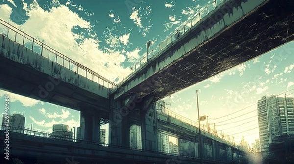 Fototapeta Urban architecture with a rail bridge crossing the city.