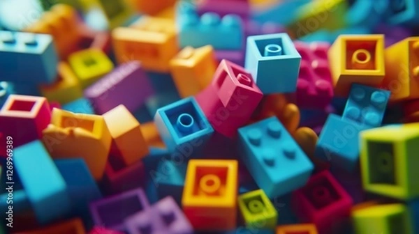 Fototapeta Vibrant colored block toy pieces scattered on a surface.