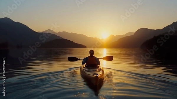 Fototapeta View of a person kayaking on a lake at sunset with mountains.