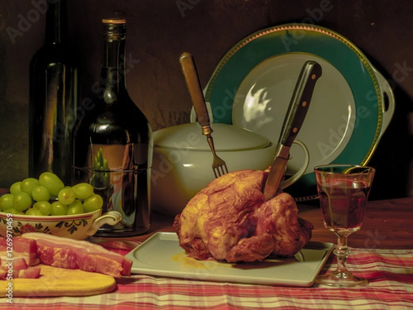 Obraz A stylized antique still life with a grilled chicken, a glass of red wine and lard.