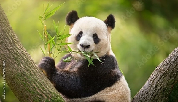 Obraz A cute red panda eating bamboo