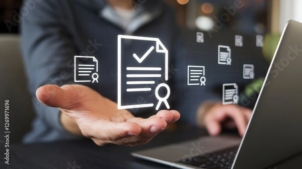 Fototapeta Hand presenting verified document icons with laptop in the background