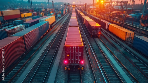 Obraz Industrial rail yard at sunset with colorful shipping containers and cargo trains