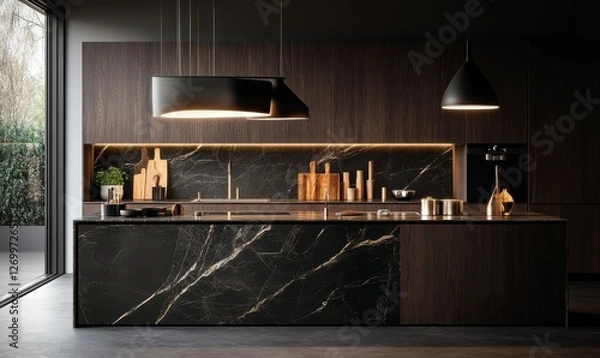 Fototapeta Contemporary kitchen with dark wooden cabinets, a marble island, and pendant lights casting warm tones over the sleek surfaces.