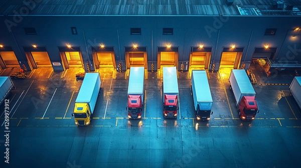 Obraz Trucks parked in a distribution center during a rainy evening with illuminated loading docks and darkened surroundings
