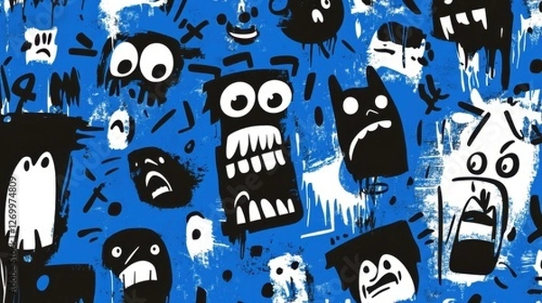 Fototapeta A vibrant blue background filled with expressive black and white cartoonish faces displaying various emotions, creating a lively and playful atmosphere.