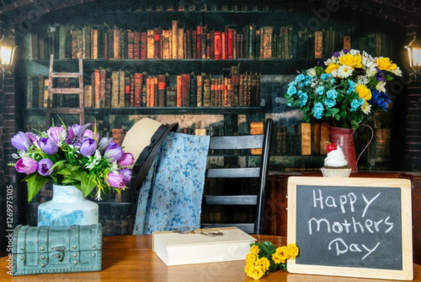 Obraz happy mothers day with flowers gifts and cupcake with old library background