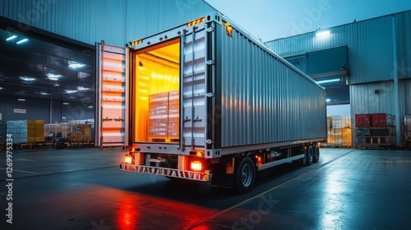 Fototapeta Warehouse loading dock with open shipping container at night showcasing illuminated interior and stacked pallets