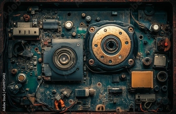 Obraz Hard drives shattered for data destruction. The platters stand out, twisted and bent. Concentrate on the coils near the middle-left