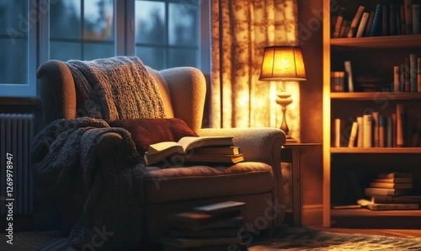 Fototapeta Cozy reading corner with a soft armchair, a stack of books, and a glowing lamp, soft warm light creating a peaceful and inviting ambiance