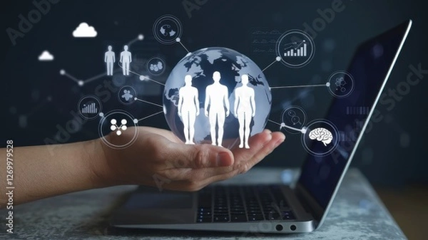 Fototapeta Person holding globe with human figures and data illustrations